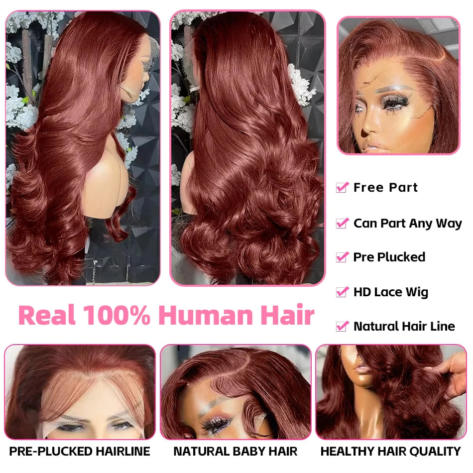 220 Density Reddish Brown 13x6 HD Lace Front Wigs Human Hair 13x4 Body Wave Colored Lace Frontal Wig 13x6 Chocolate Borwn Wig