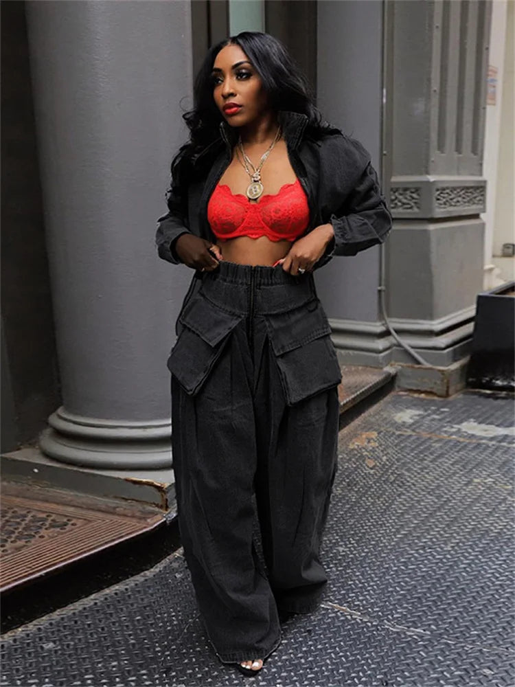 Jeans Women High Waist Denim Bottom Boy Friend Straight Cargo Pockets Zip Pants Korean Streetwear