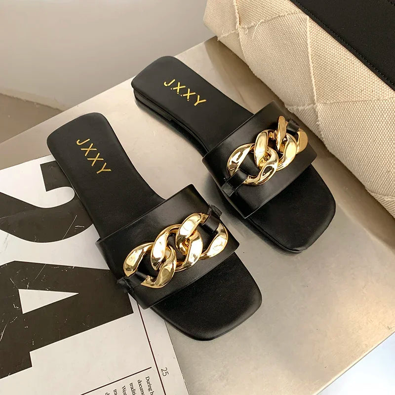 New Fashion Women's Slippers Square Toe Chain Slippers Flat Slide Sandals Beach Flip Flops Metal Decoration Casual Shoes