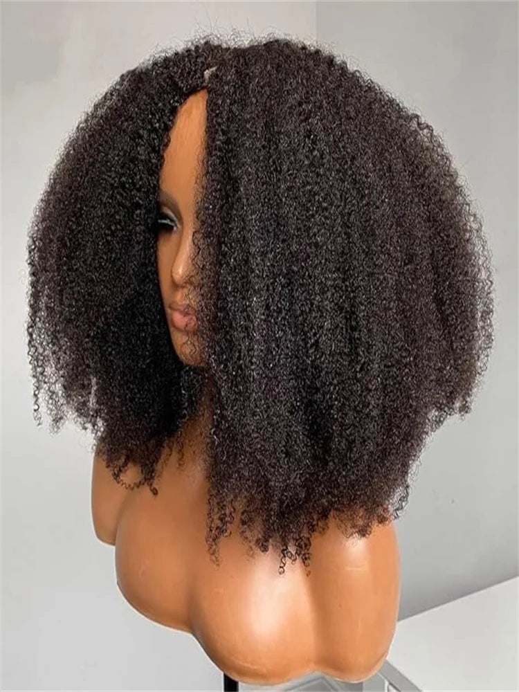 Afro Kinky Curly V Part Wig Human Hair 200% Afro Curly V Part Wig 10-24 Inch Full Machine Made  Remy Hair V Part Wig For Women