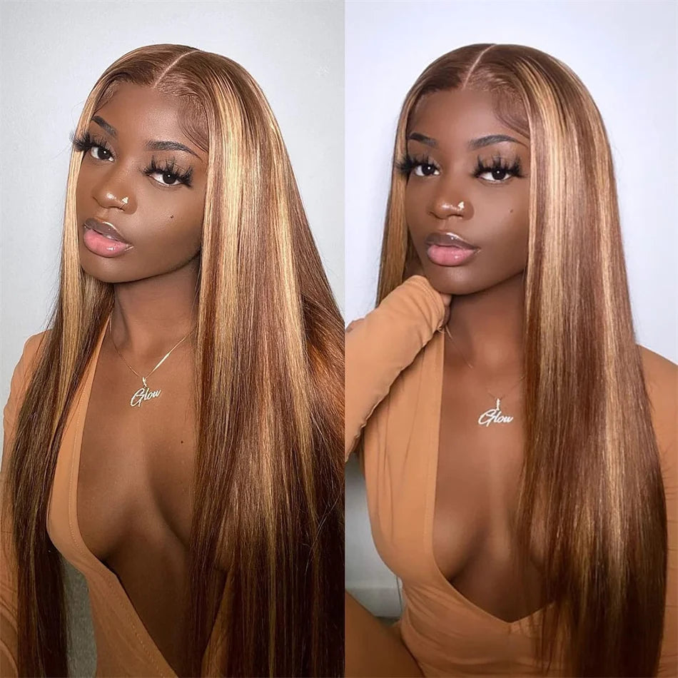 Straight Highlight 13x4 HD Transparent Lace Front Human Hair Wigs Pre Plucked Honey Blonde Colored Lace Frontal Wigs For Women