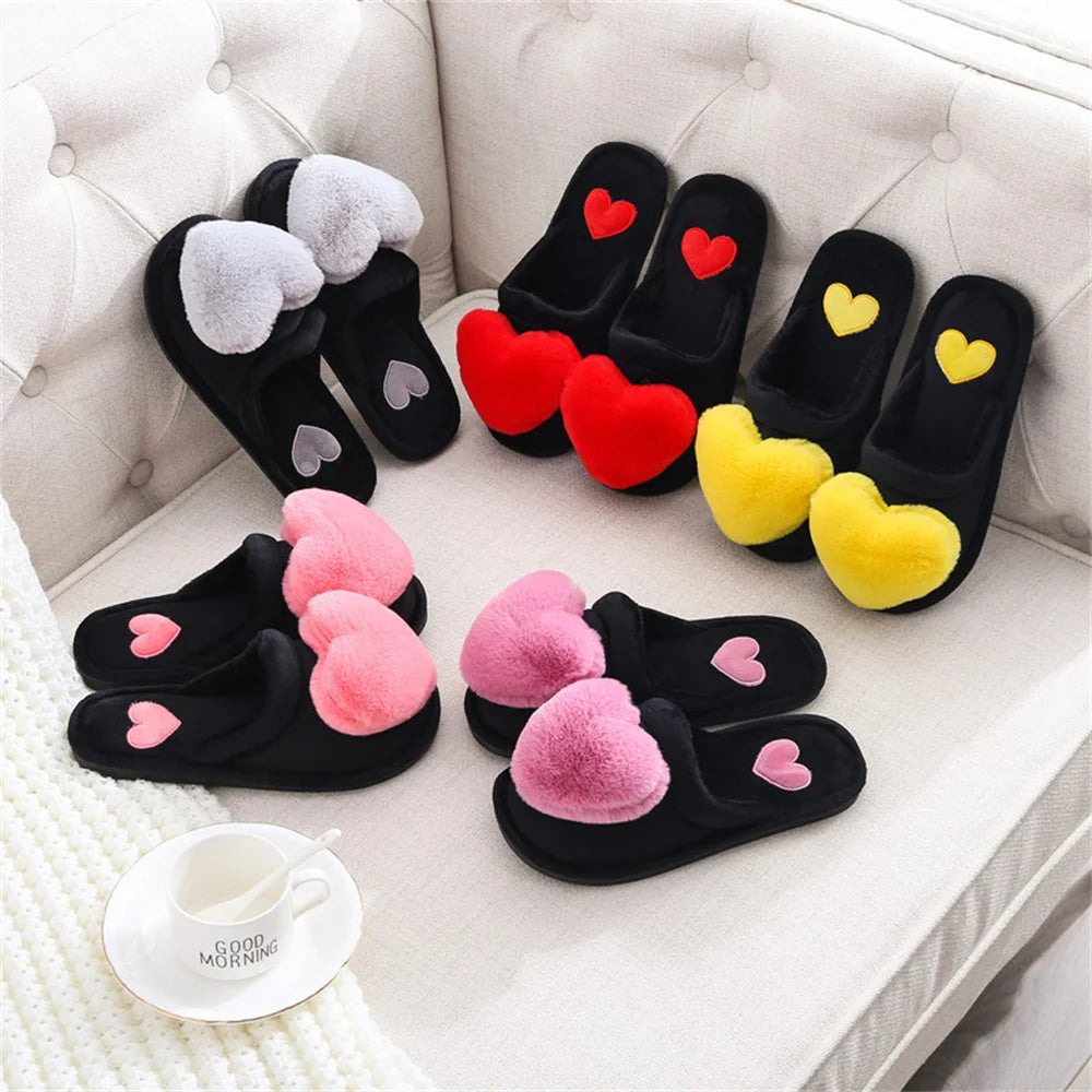 Women’s Plush Heart Slippers – Warm Indoor Non-Slip Winter House Shoes
