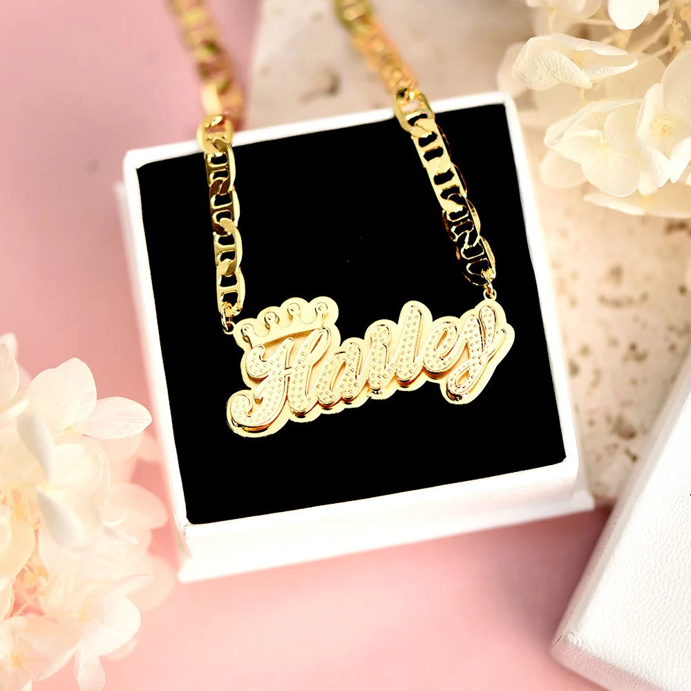 Necklace with Crown Personalized Double Layer Pendant Flat Chain Women's Stainless Steel Jewelry
