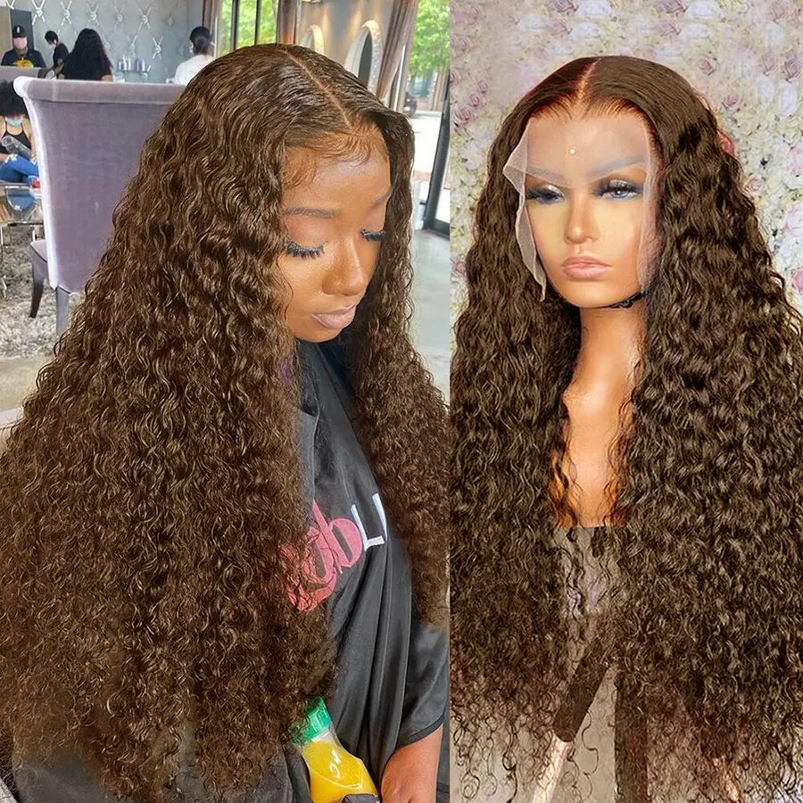 13X6 Brown Deep Wave Hd Lace Frontal Wig Glueless Chocolate Brown Kinky Curly Brazilian Human Hair Wigs For Women On Promotion