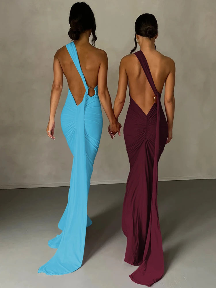 Dulzura Neon Y2K Clothes One Shoulder Sleeveless Backless Ruched Bodycon Maxi Dresses For Women Club Birthday Party Evening Prom