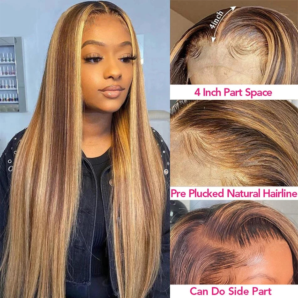 Straight Highlight 13x4 HD Transparent Lace Front Human Hair Wigs Pre Plucked Honey Blonde Colored Lace Frontal Wigs For Women
