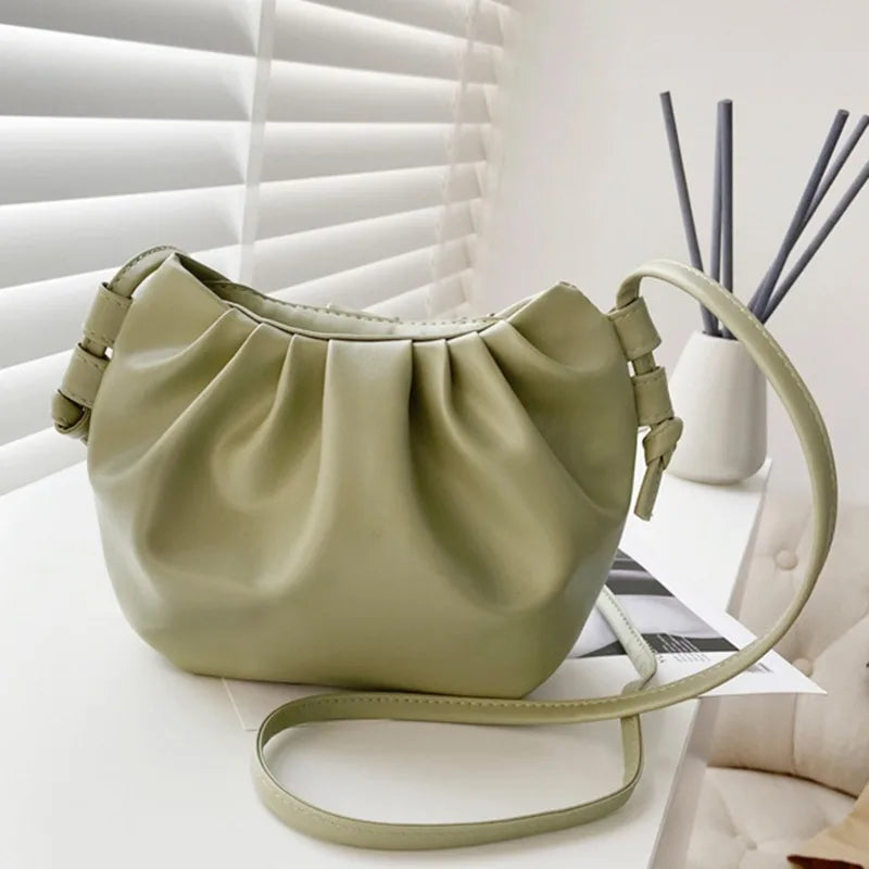 Women’s Pleated Cloud Shoulder Bag – Mini Solid Color Crossbody Handbag with Zipper