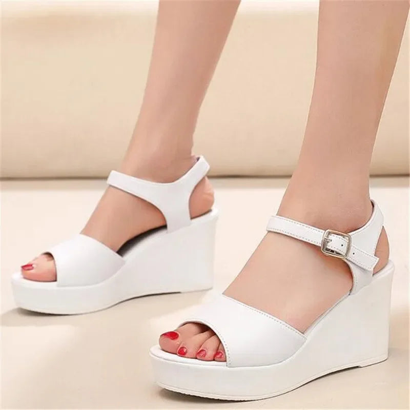 BEYARNENew Black White Fish Mouth Genuine Leather Sandals Wedges Platform High Heeled Sandals6 / 8 / 11Cm Big Size Women Sandals