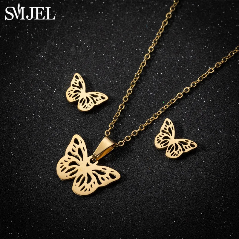 Korea Style Stainless Steel Butterfly Jewelry Sets for Women Cartoon Bee Insect Pendant Necklace Girls Summer Beach Wedding
