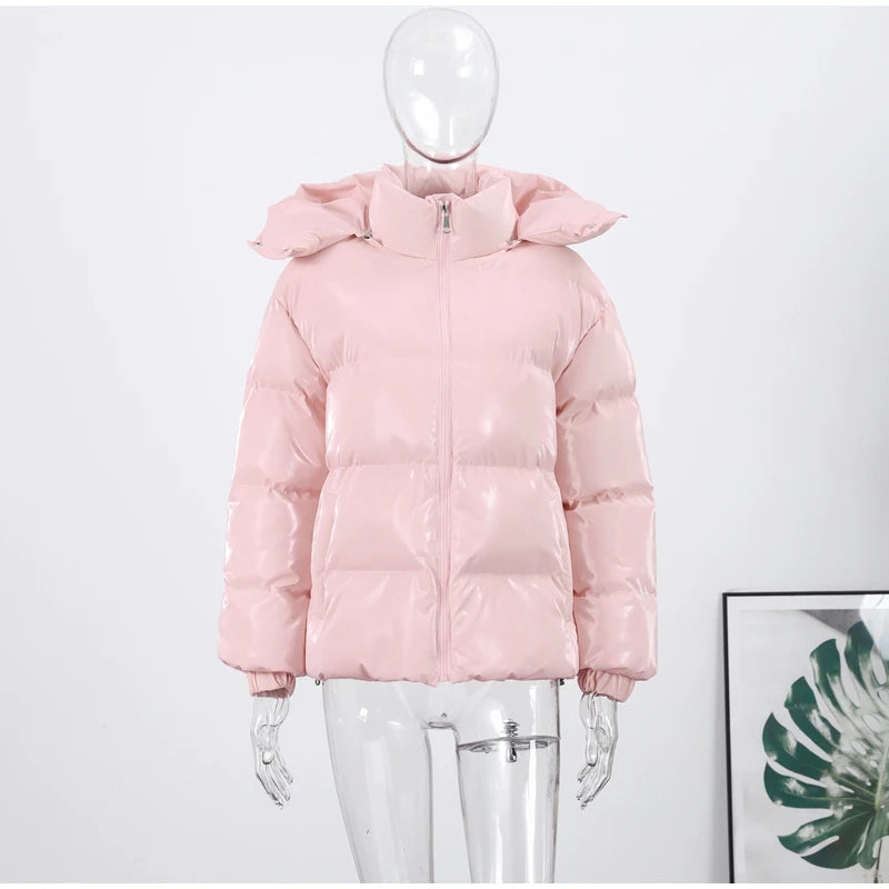 Women Glossy Surface Hooded Padded Jacket Fashion Faux Fur Zipper Cropped Jackets Lady
