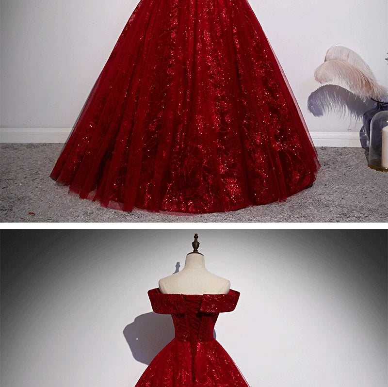 Red Evening Dress 2024 New Off The Shoulder Classic Elegant Ball Gown Sleeveless Sequined Tulle Banquet Shinning Host Customized