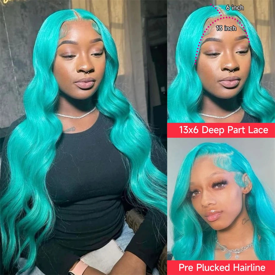 13x6 Teal Ocean Blue Lace Front Wig Human Hair Body Wave 613 Blonde Lace Frontal Wig Preplucked Mint Green Color Human Hair Wigs
