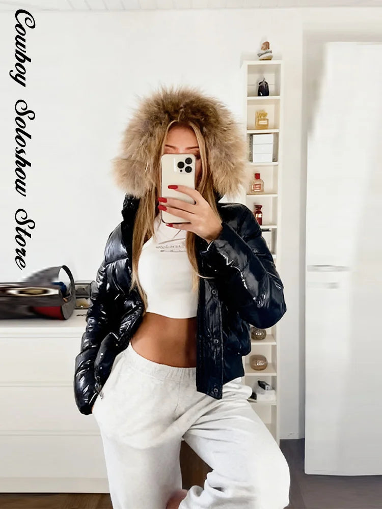 Women Glossy Surface Hooded Padded Jacket Fashion Faux Fur Zipper Cropped Jackets Lady