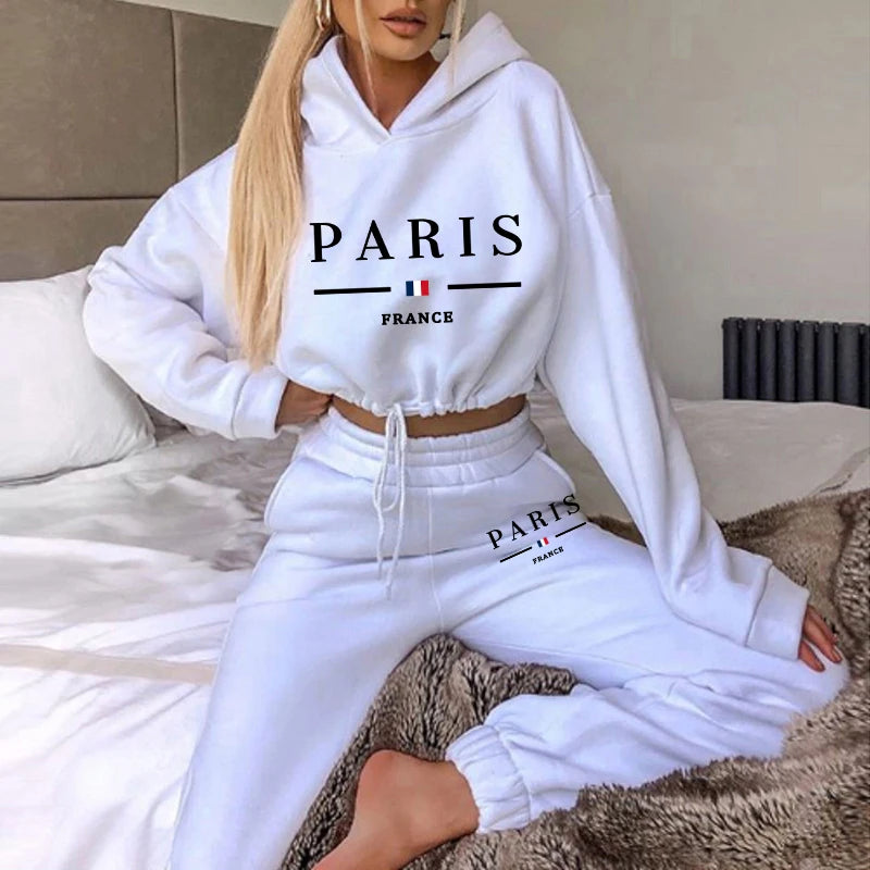 Paris Printed Womens Tracksuit Casual Short Hoodies Tunic+Trousers 2 Pcs Sets Sports Jogging Sweatshirts Outfits Women Pants Set