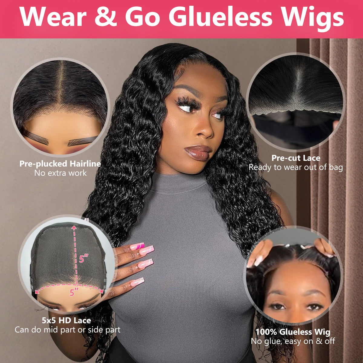 Curly Glueless Human Hair Wigs - Deep Wave Ready to Wear