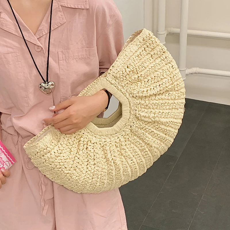 Handmade Shell Embroidery Woven Tote Bag – Luxury Straw Bucket Handbag with Wooden Handle