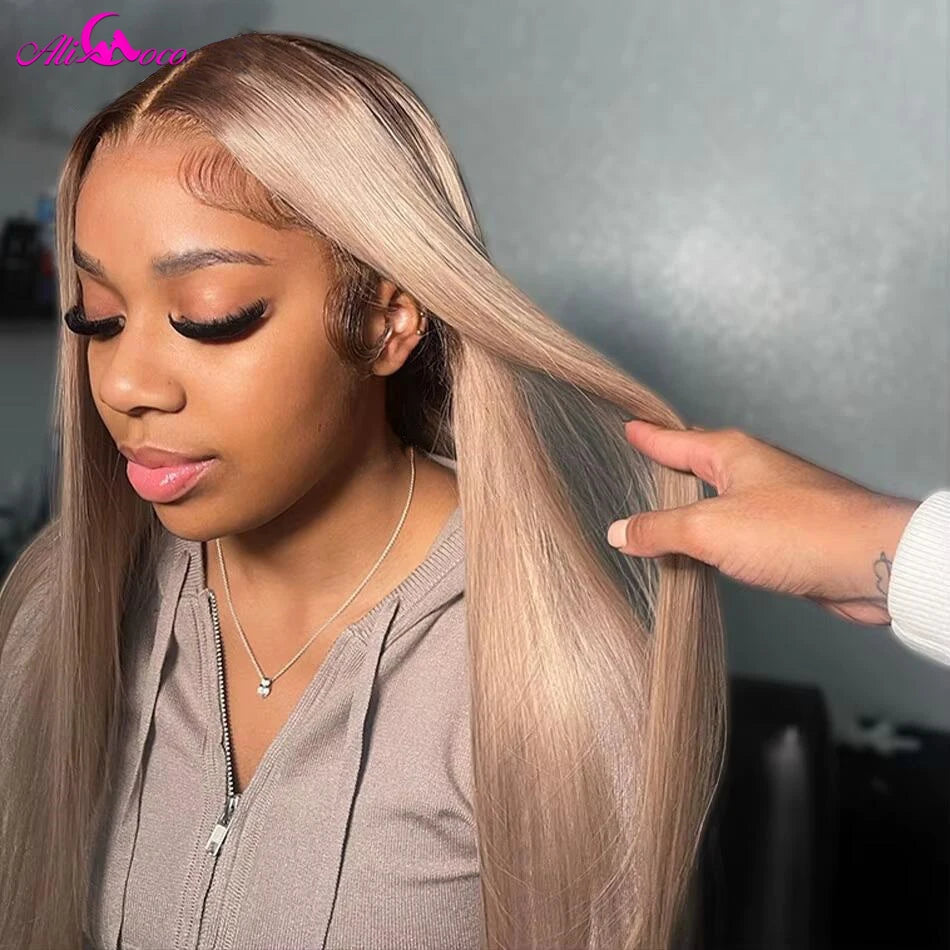 200 Density Ombre Ash Blonde 13x4 Straight Lace Front Wig PrePlucked Brown Root Blonde Wig 13x4 Lace Frontal Human Hair Wigs