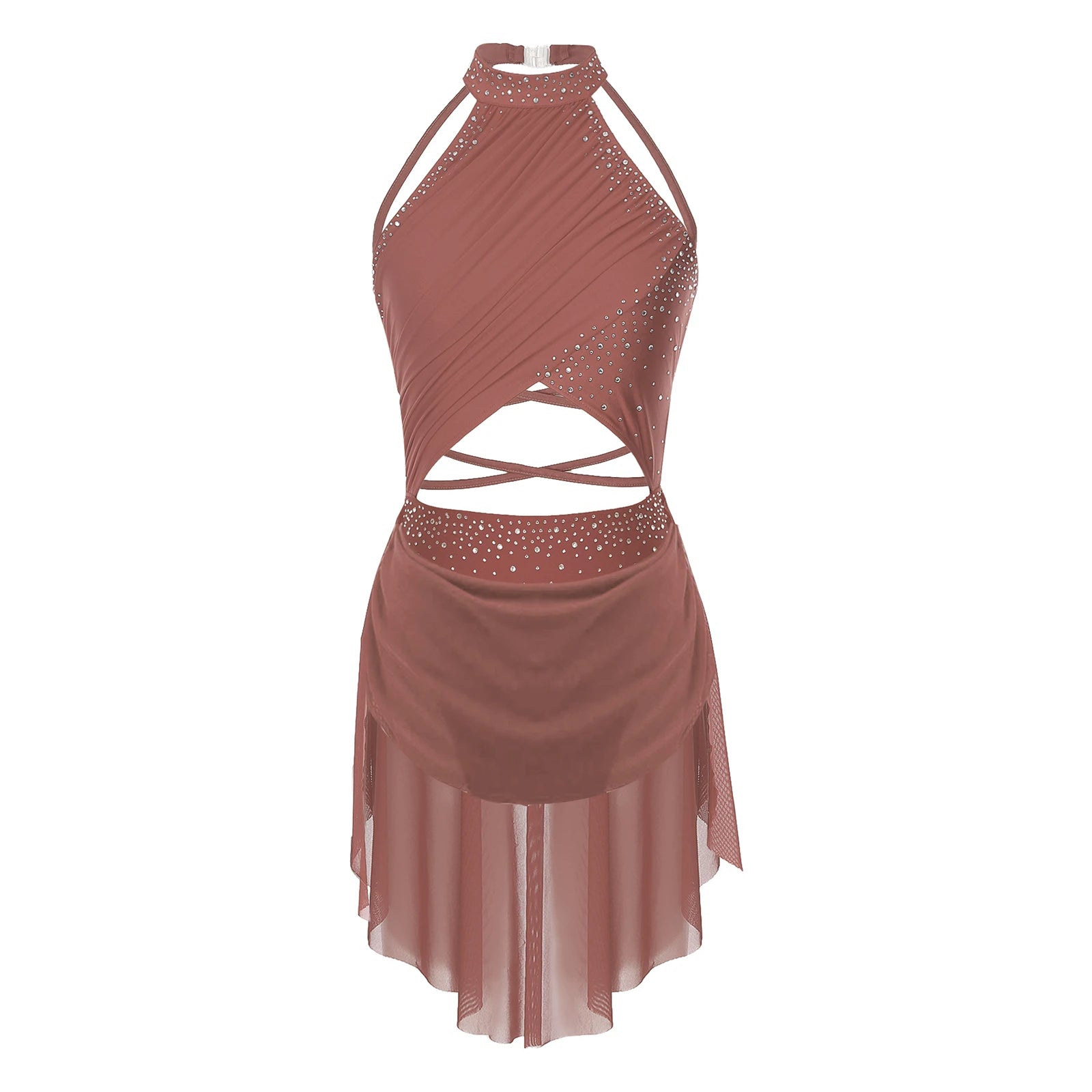Womens Lyrical Dance Dress Performance Costume Cutout Strappy Backless Sheer Mesh Overlay Glittery Rhinestone Leotard Dress