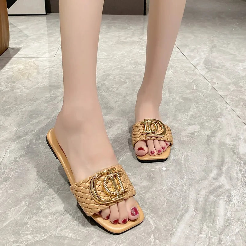 Sandalias planas de diseño de tejido de decoración de lujo para mujer, zapatos de punta abierta para vacaciones,  slippers