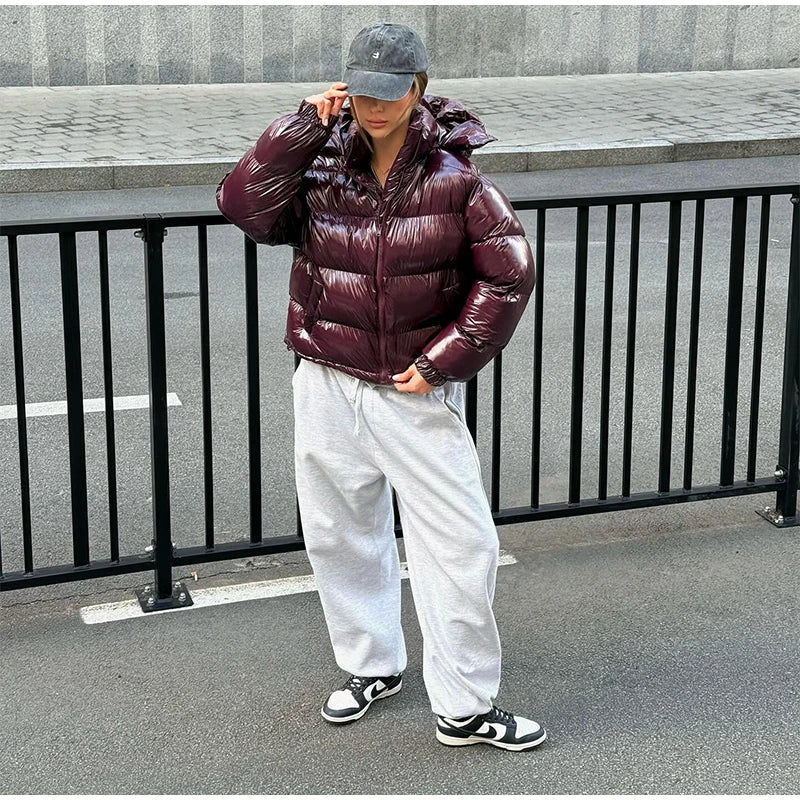 Women Glossy Surface Hooded Padded Jacket Fashion Faux Fur Zipper Cropped Jackets Lady