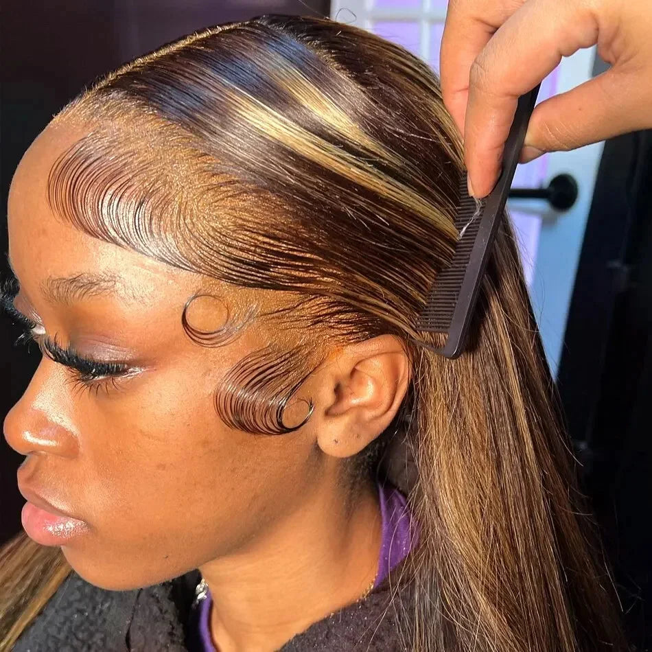 Straight Highlight 13x4 HD Transparent Lace Front Human Hair Wigs Pre Plucked Honey Blonde Colored Lace Frontal Wigs For Women