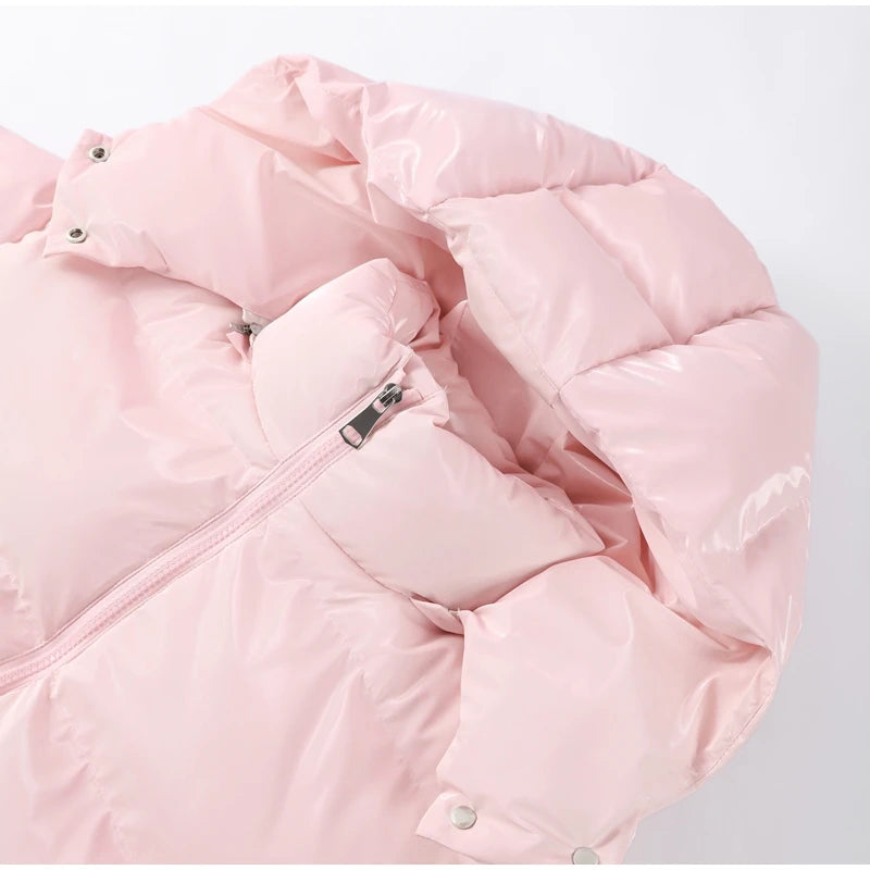 Women Glossy Surface Hooded Padded Jacket Fashion Faux Fur Zipper Cropped Jackets Lady