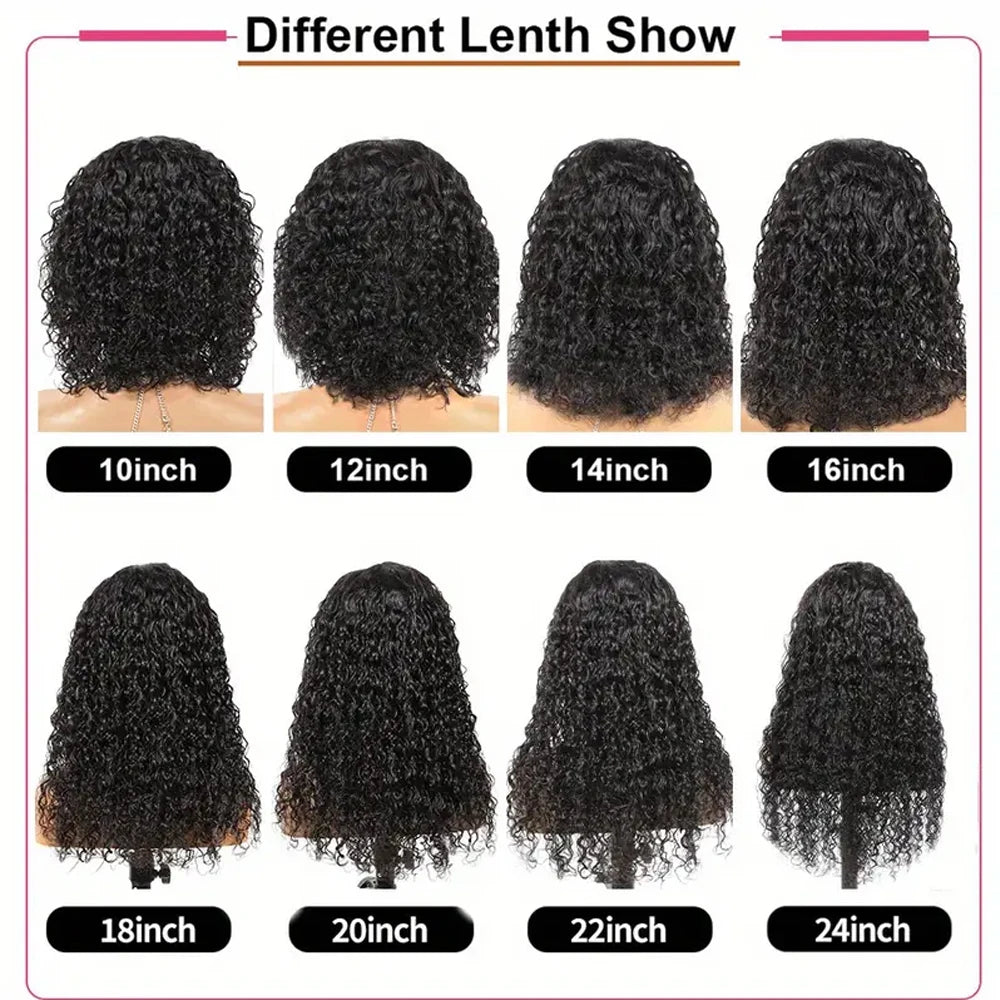 Curly Human Hair Wig with Bangs – 180% Density Water Wave Virgin Brazilian Wig, Glueless Full Machine Made for Black Women