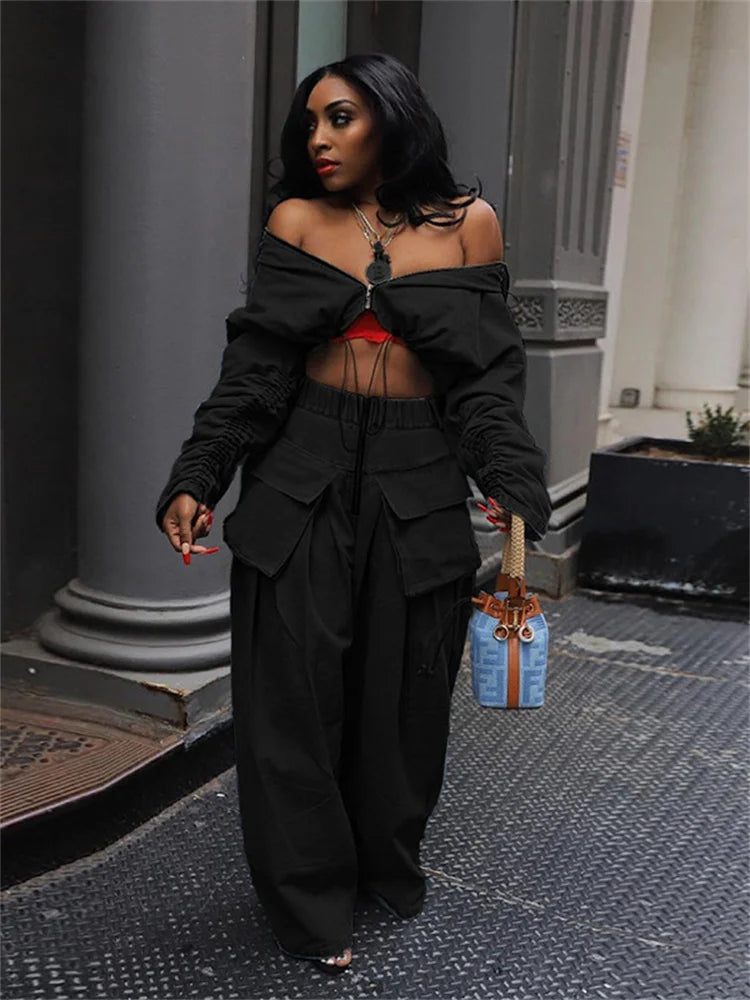Jeans Women High Waist Denim Bottom Boy Friend Straight Cargo Pockets Zip Pants Korean Streetwear