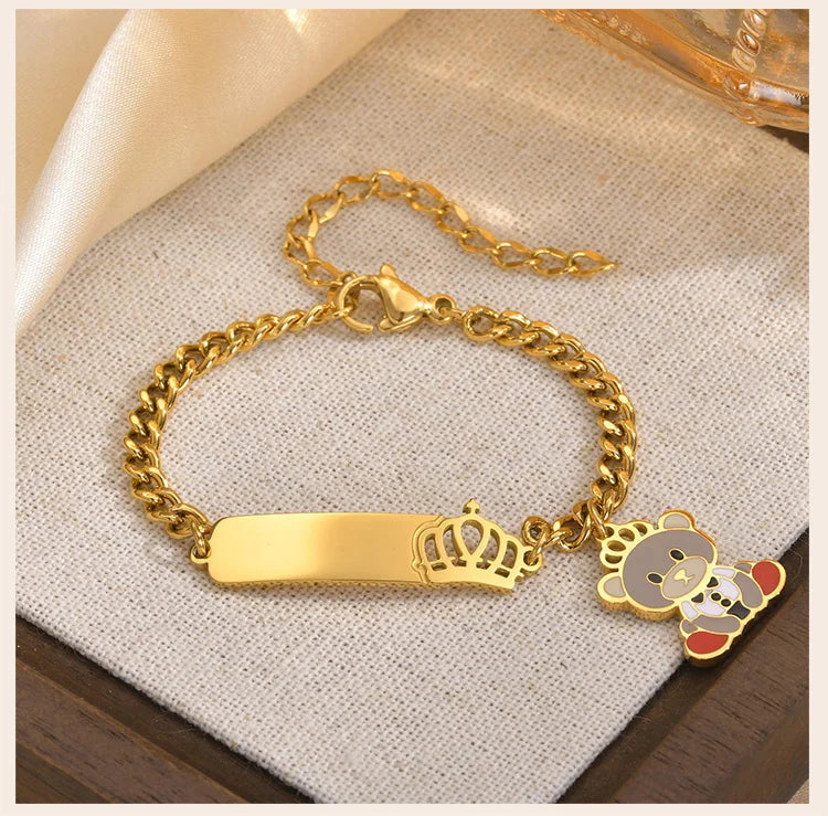 Infant Stainless Steel Crown Chain Link Baby Bear Bracelet with Free Engraving for Kids Child Birthday Gift