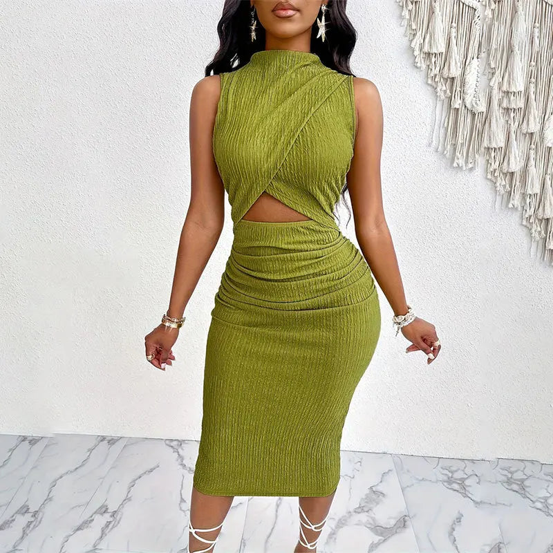 2024 New Black Style Women's Hollow Elastic Waist Frill Stretch Sleeveless Sheath Dress Women's Clothing Skirts Women's