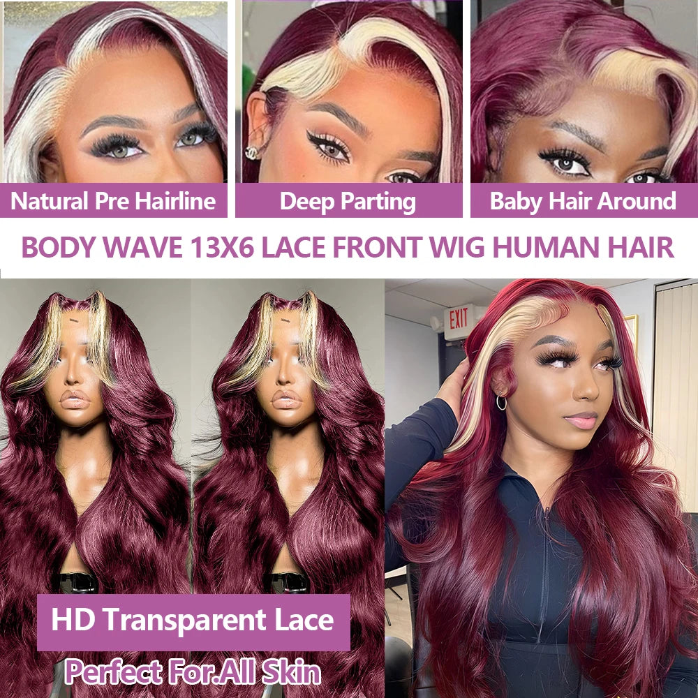 Burgundy 613 Colored Wig 200 Density 13x4 HD Lace Frontal Glueless Highlight Body Wave Human Hair Wigs