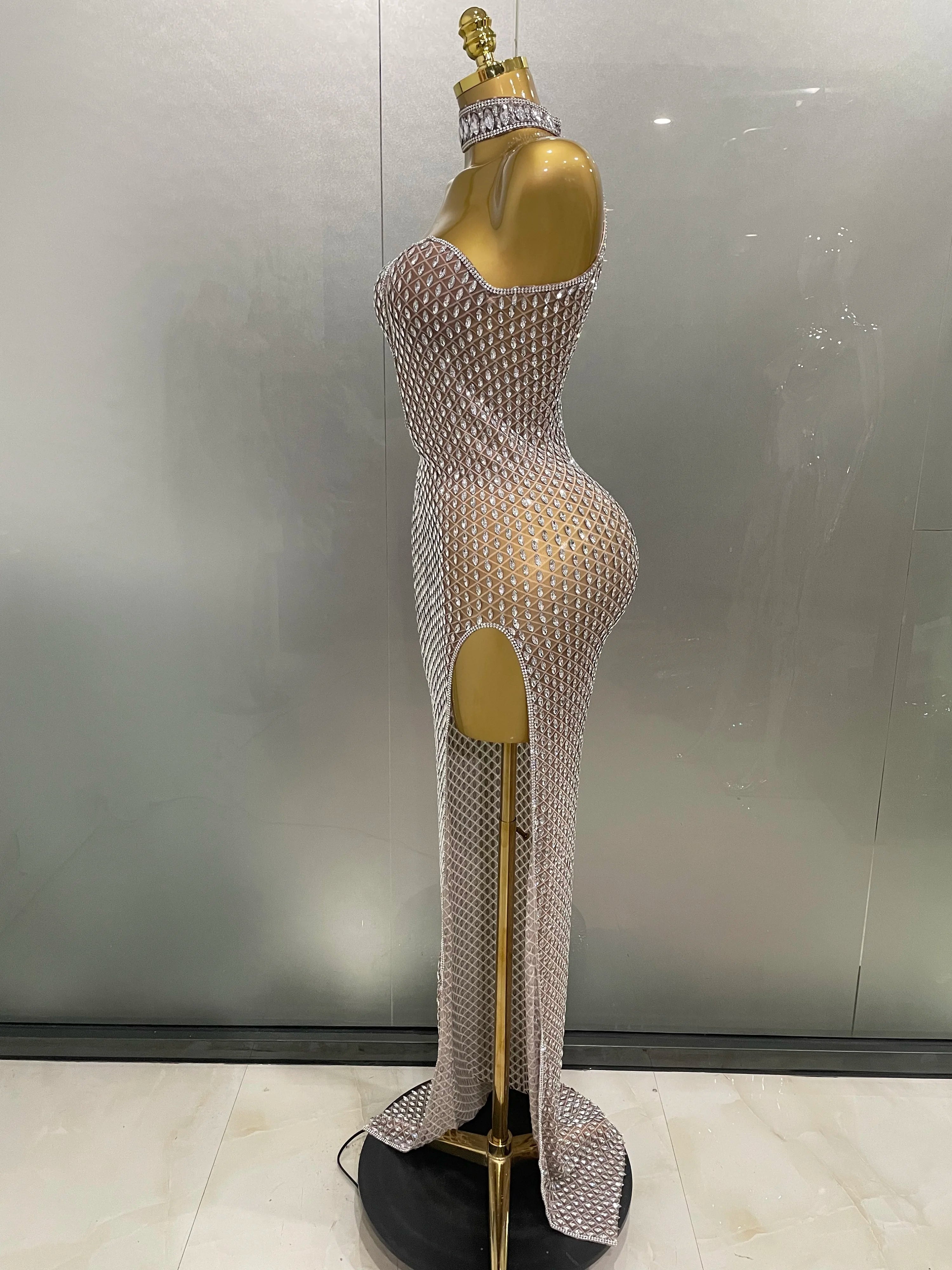 2025 Luxurious Full Rhinestones Mesh Transparent long dress Women Birthday Celebrate Evening Prom Dress party Club Stage Costume