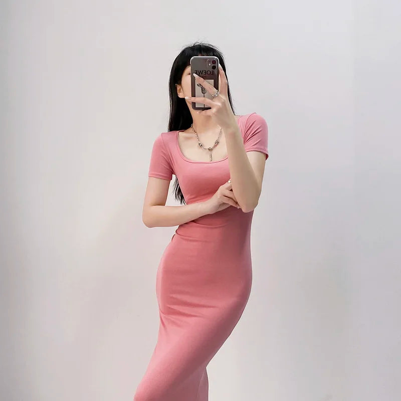 Long Dresses Women Solid Simple Elegant Partywear Gentle Trumpet Vestidos Slim French Vintage Night Club Temper Womens Daily