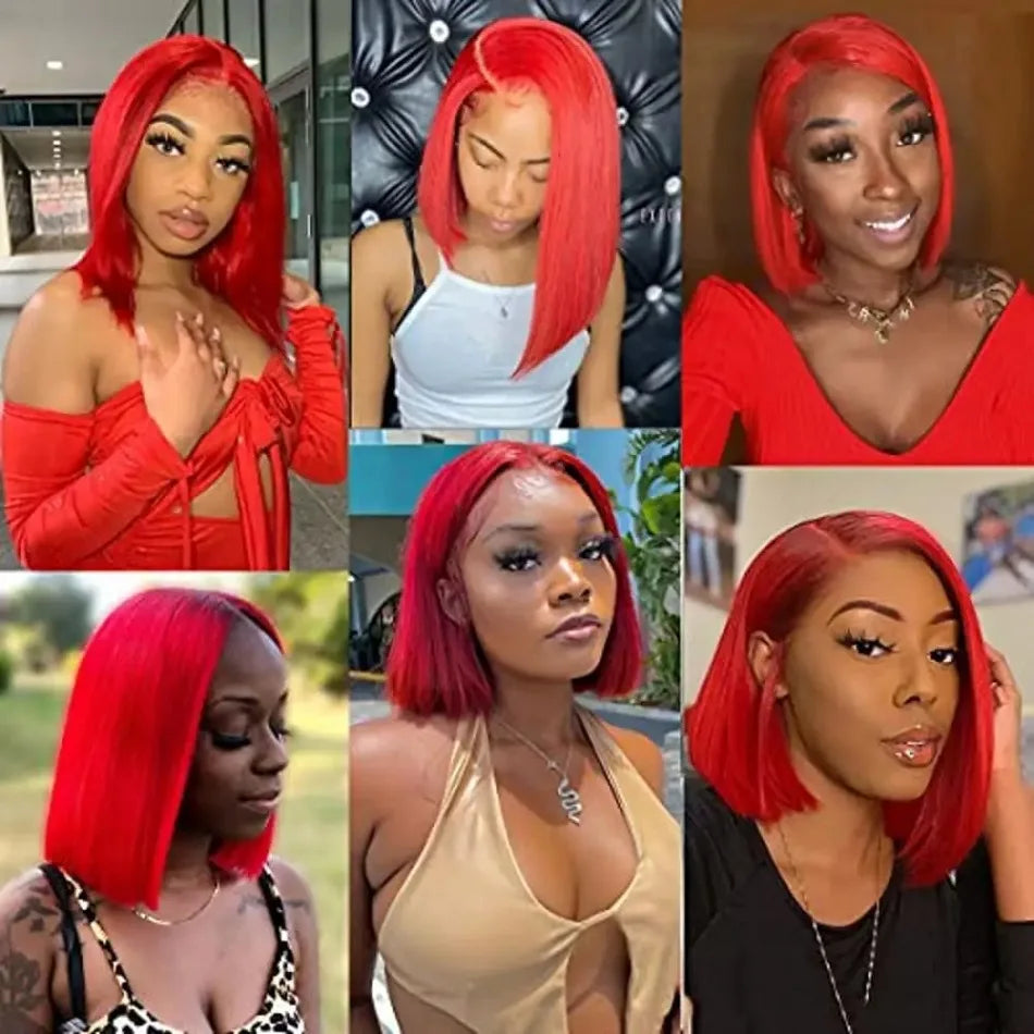 Hot Red Bob Wig 13x4 Lace Front Human Hair Wigs For Women Brazilian Bone Straight Red Colored Lace Frontal Wigs 10 12 14 Inch