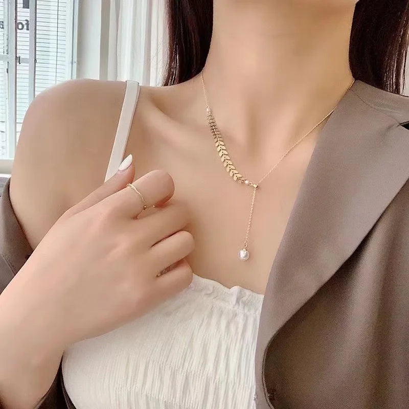 Simple Wheat Ear Pearl Bracelet Necklace Earrings Jewelry Set for Women Temperament Lucky Gold Color Bracelet Charm Jewelry