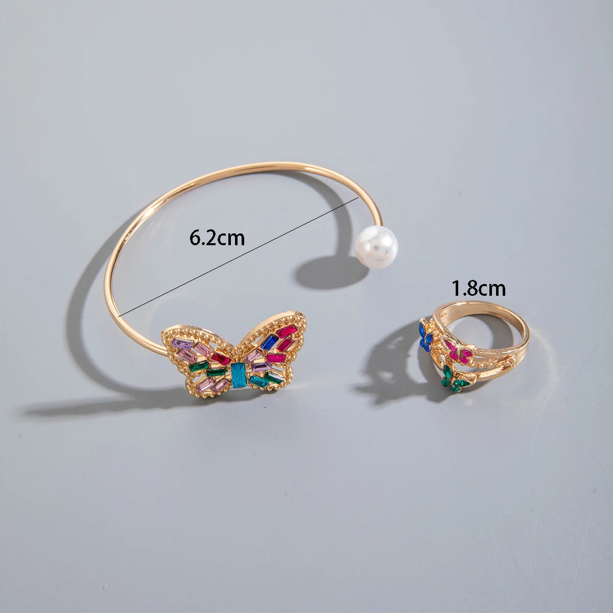 Fashiona Colored Rhinestone Butterfly Flower Imitation Pearl Irregular Ring Bracelet set Suitable for women