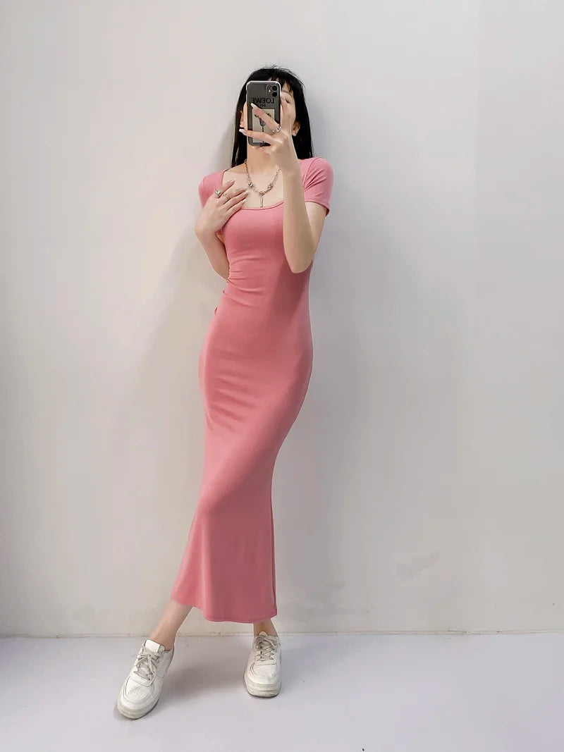 Long Dresses Women Solid Simple Elegant Partywear Gentle Trumpet Vestidos Slim French Vintage Night Club Temper Womens Daily