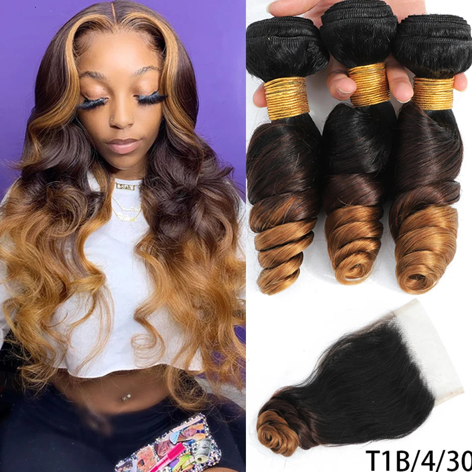 10A Loose Wave Bundles with Closure Wet and Wavy Brazilian Ocean wave 100% Human Hair 3 Bundles with 4x4 Lace Closure