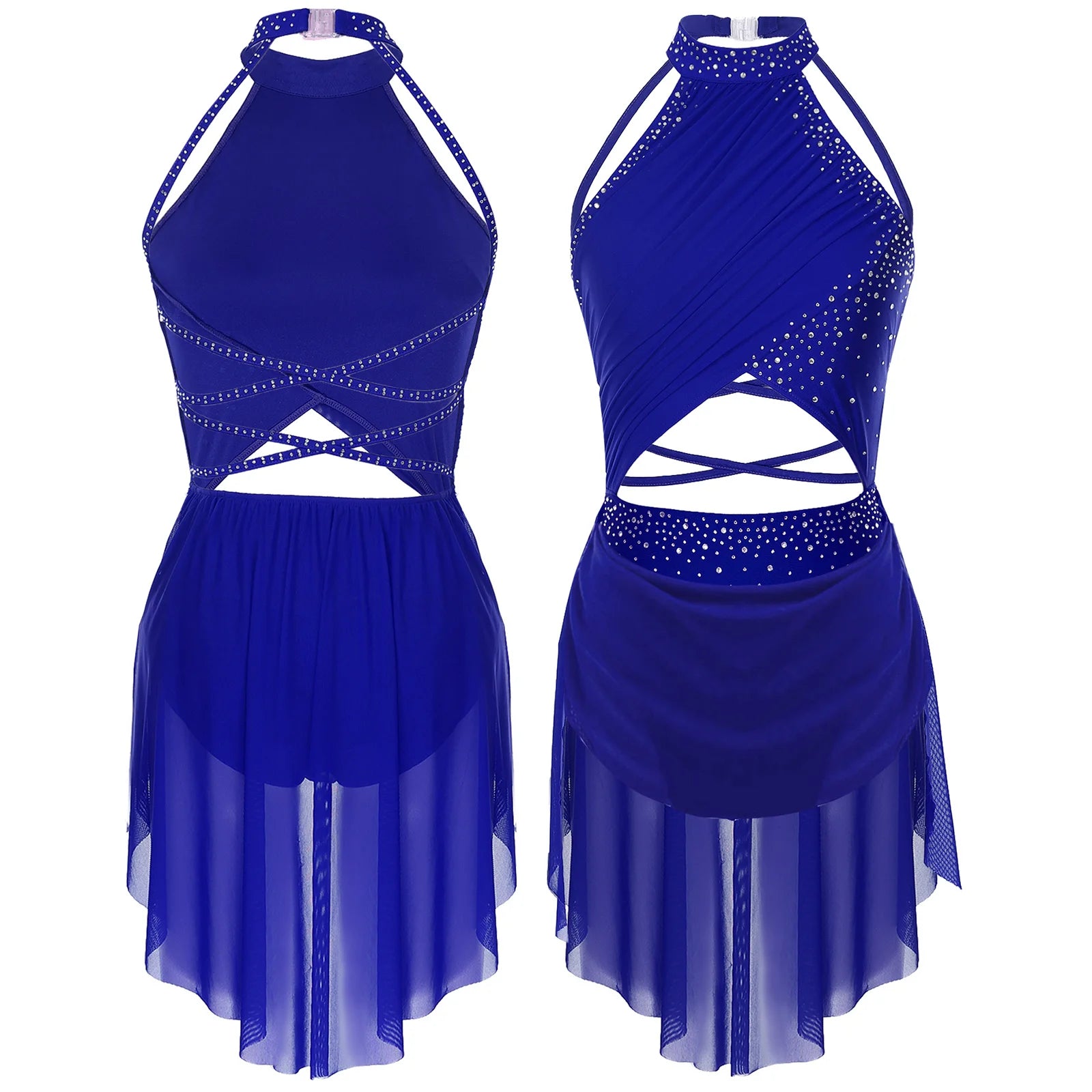 Womens Lyrical Dance Dress Performance Costume Cutout Strappy Backless Sheer Mesh Overlay Glittery Rhinestone Leotard Dress