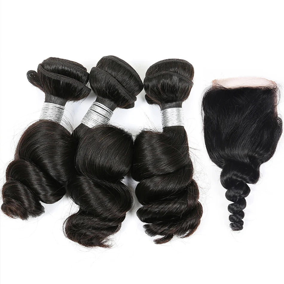 10A Loose Wave Bundles with Closure Wet and Wavy Brazilian Ocean wave 100% Human Hair 3 Bundles with 4x4 Lace Closure