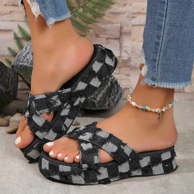 Women Denim Slides Summer Sandals Women's Slip on Wedges Platform Casual Open Toe Fashion Jeans Canvas