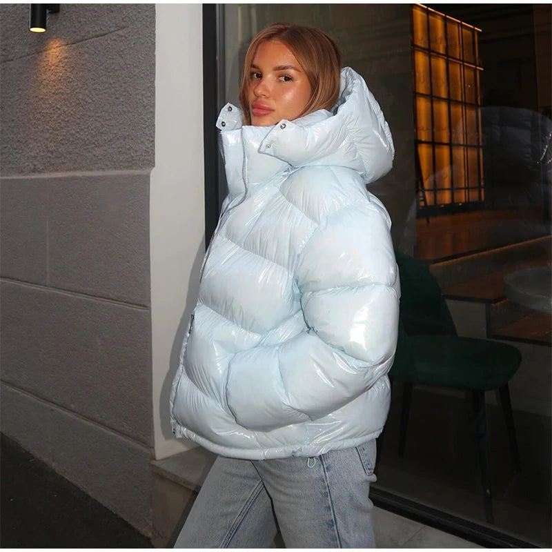 Women Glossy Surface Hooded Padded Jacket Fashion Faux Fur Zipper Cropped Jackets Lady