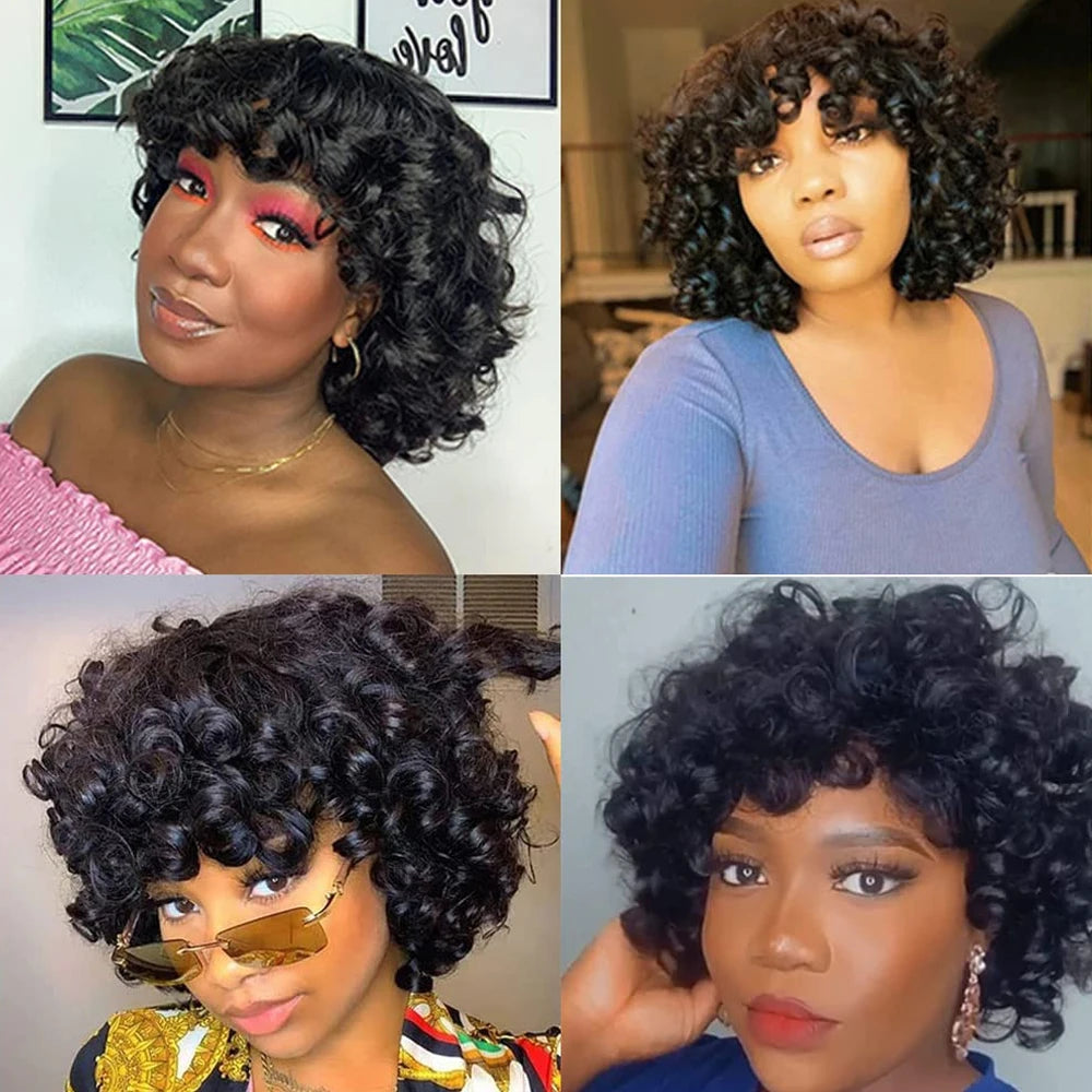Short Curly Bob Wig with Bangs – 100% Brazilian Remy Human Hair, Glueless Machine-Made Afro Wig