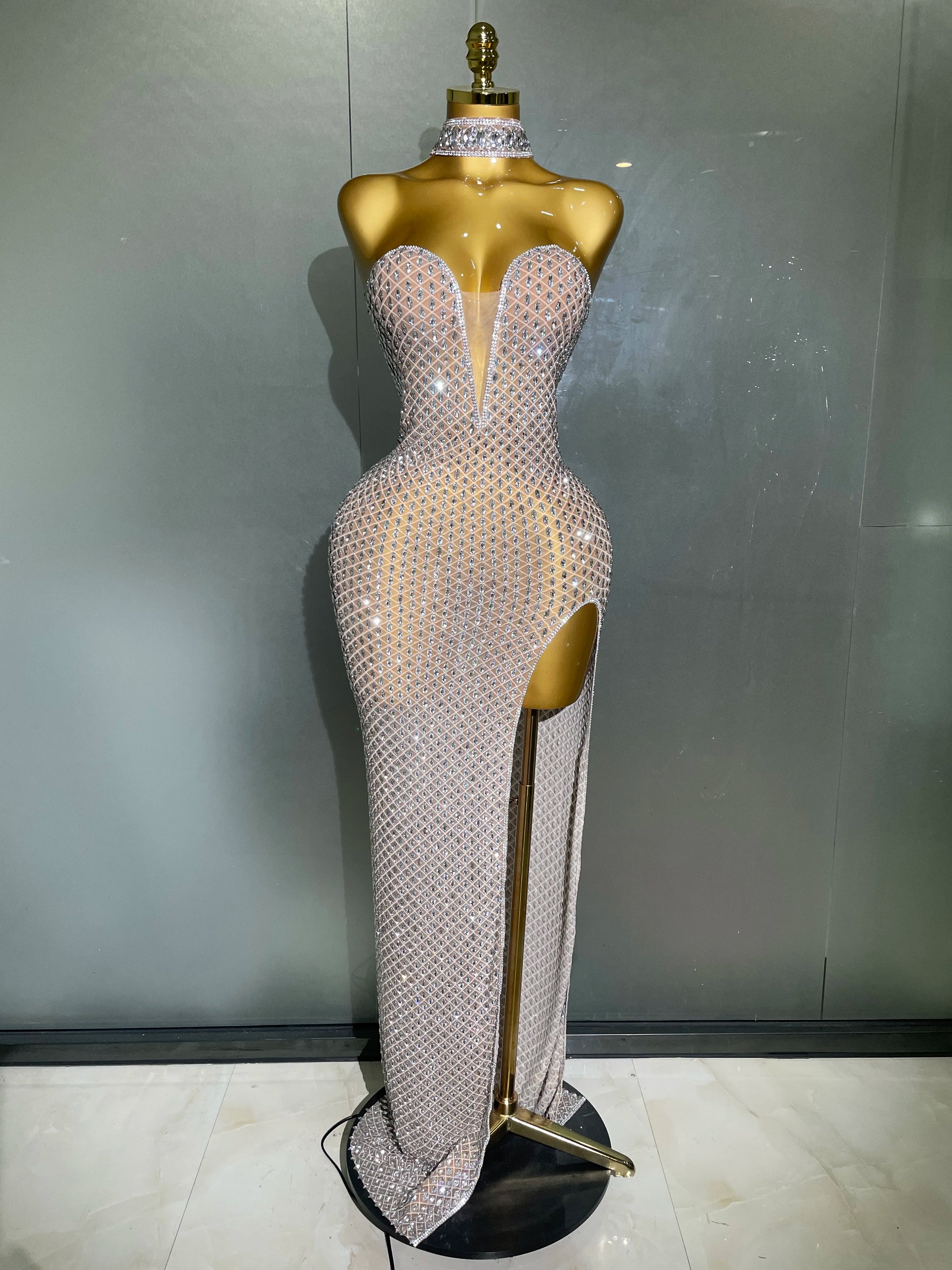 2025 Luxurious Full Rhinestones Mesh Transparent long dress Women Birthday Celebrate Evening Prom Dress party Club Stage Costume