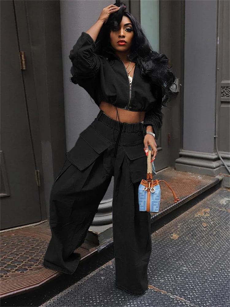 Jeans Women High Waist Denim Bottom Boy Friend Straight Cargo Pockets Zip Pants Korean Streetwear