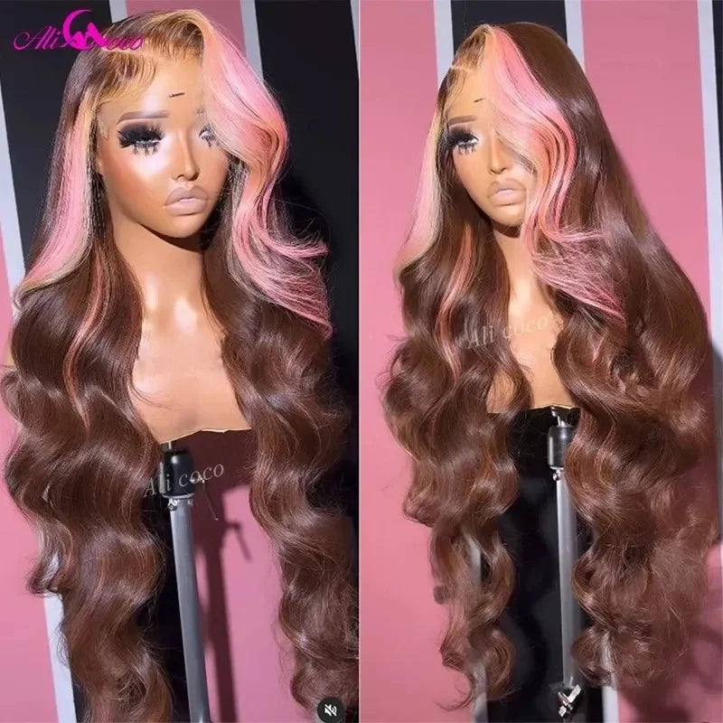 Brown Pink 13x4 Body Lace Frontal Wig For Women 12A Pink Hightlight Lace Front Human Hair Wigs Preplucked