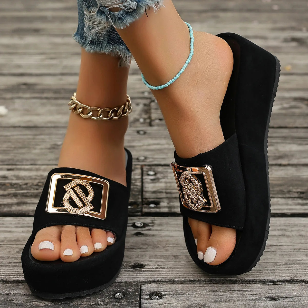 Women Luxury Decor Sandals Summer Black Outdoor Fashion Wedges Women's Slippers Office Party Elegant Sexy Platform High Heels