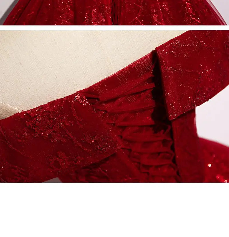 Red Evening Dress 2024 New Off The Shoulder Classic Elegant Ball Gown Sleeveless Sequined Tulle Banquet Shinning Host Customized