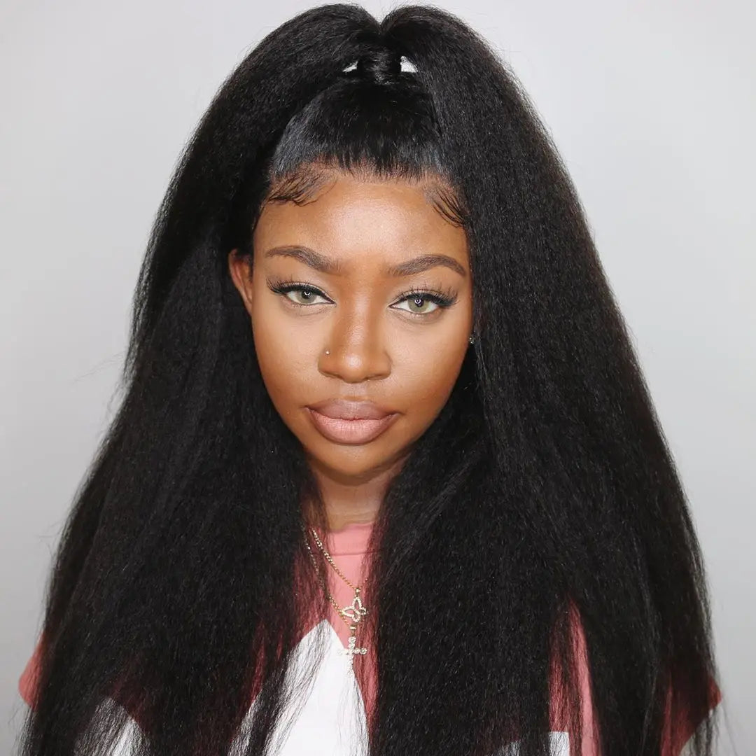 Transparent Kinky Straight 13x6 Lace Frontal Wigs Yaki Straight Human Hair Wig Pre Plucked Remy Lace Closure Wig 250 Density
