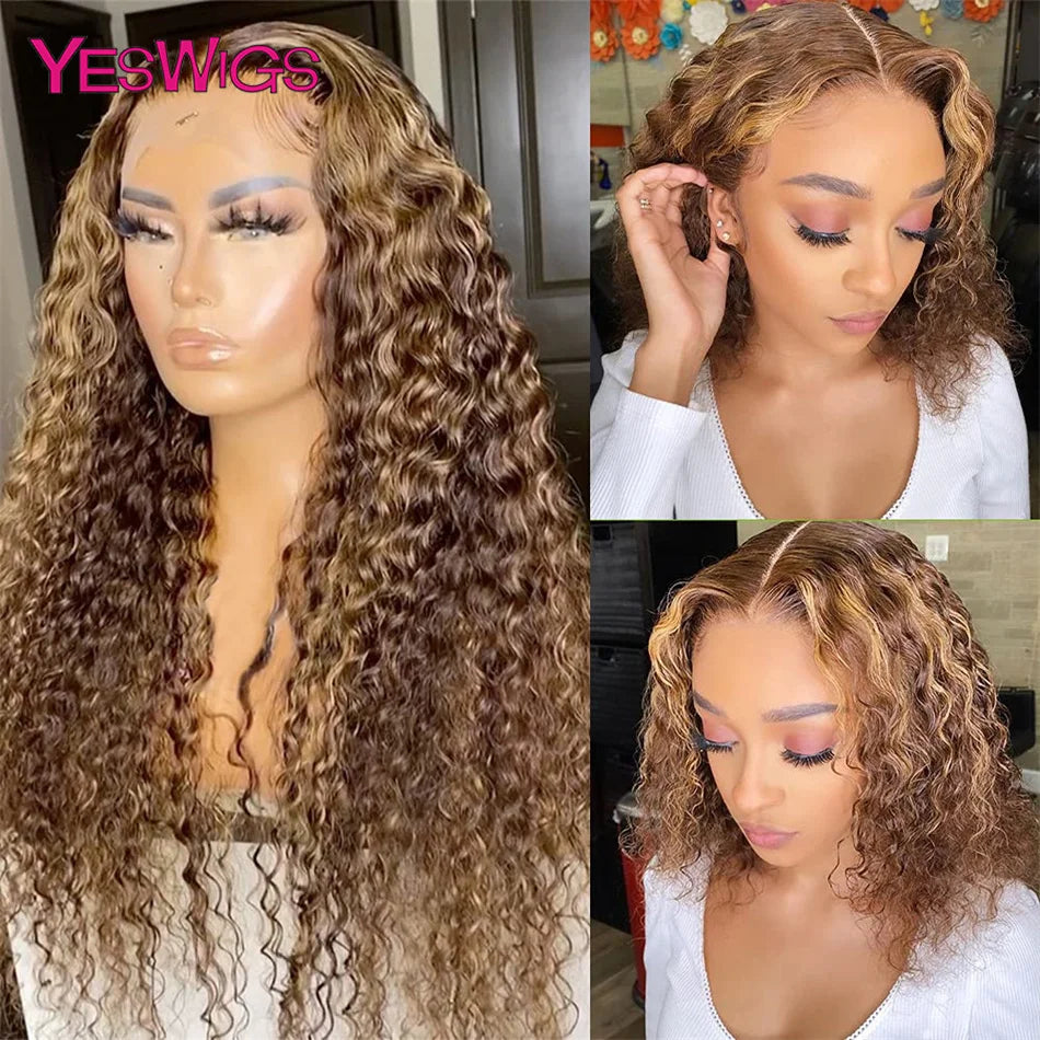 HD 13x6 Brown Lace Front Wig Honey Blonde Colored Curly Human Hair Wigs Highlight Wig Human Hair 13X4 Deep Wave Lace Frontal Wig